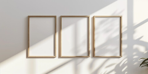 Three frames on wall mockup blank poster. Wooden frames mock up empty print background. Wood picture frames in room. Gallery design realistic modern interior