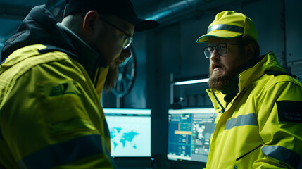 professional technical security researchers are standing in front of a computer screen at an office desk and talking to each other 