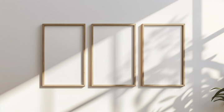 Three frames on wall mockup blank poster. Wooden frames mock up empty print background. Wood picture frames in room. Gallery design realistic modern interior