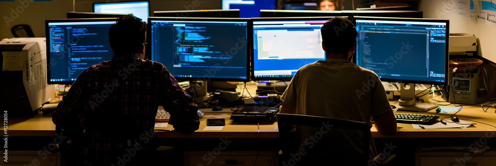 Poster professional technical security researchers are standing in front of a computer screen at an office 