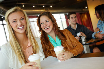 Portrait, laughing or girl friends at coffee shop for funny joke, reunion or morning chat together. Women, relax or happy people bonding at cafe, diner or restaurant for drinking cappuccino beverage