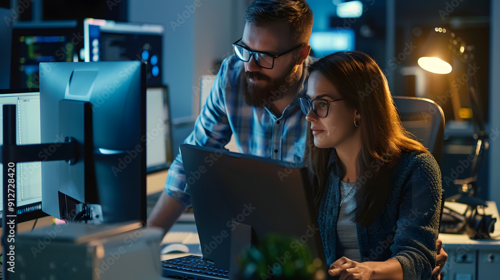Poster professional technical security researchers are standing in front of a computer screen at an office 