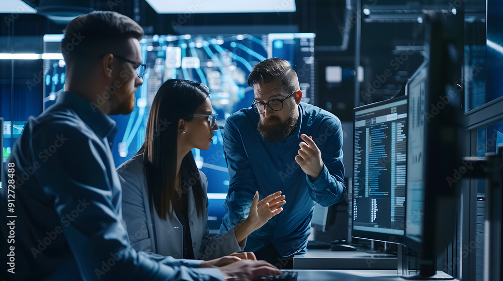 Poster professional technical security researchers are standing in front of a computer screen at an office 