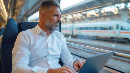 Handsome middle age businessman using his laptop computer while traveling with high-speed train. Modern and fast travel concept. 