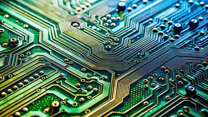 Macro close up of printed wiring on PC circuit board, technology, motherboard, electronic, close-up