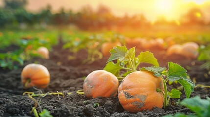 Obraz premium Rustic rural field at sunset with a bountiful harvest of ripe pumpkins for autumn season