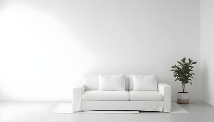 A white sofa in a minimalist white room with a plain white wall