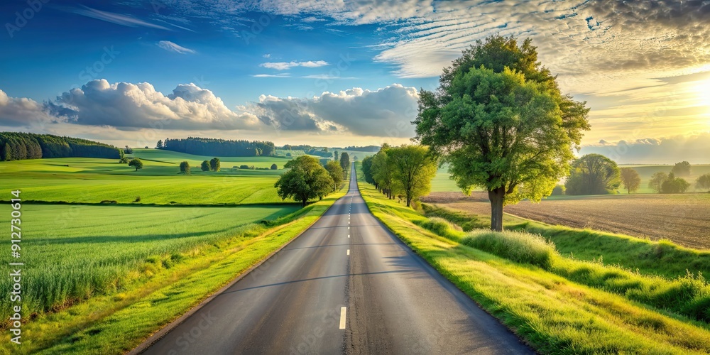 Wall mural Scenic rural road surrounded by fields and trees, countryside, rural, road, landscape, nature, trees, fields, greenery