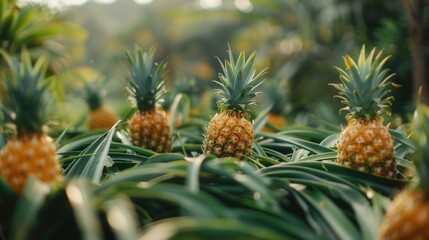 Fresh pineapple fruit growing in plantation field in farm