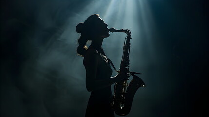 Obraz premium woman while Looking up, silhouette costume style of American folk, playing solo Musical instrument likes a saxophone , on a tone of dark background, on a stage