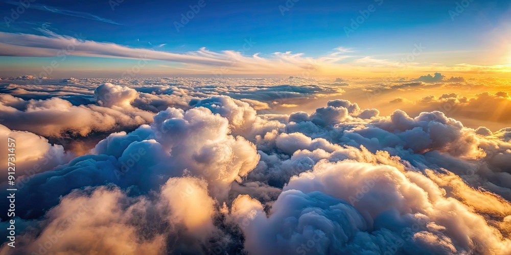 Wall mural Aerial shot above beautiful fluffy clouds during morning time, sky, aerial, clouds, fluffy, morning, view, peaceful, serene