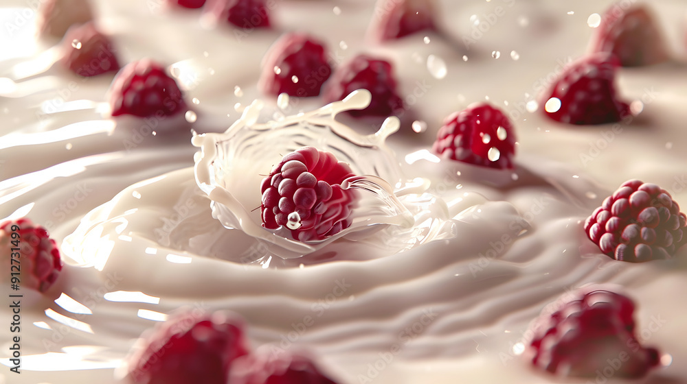 Aufkleber raspberries dropping into yogurt. creating ripples on the surface.