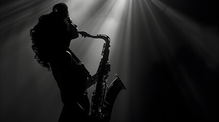 Obraz premium woman while Looking up, silhouette costume style of American folk, playing solo Musical instrument likes a saxophone , on a tone of dark background, on a stage