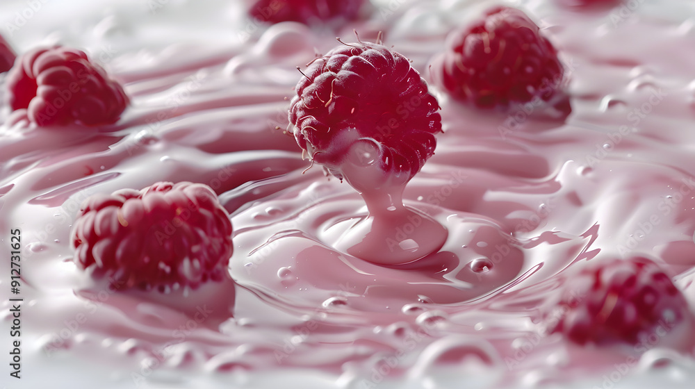 Aufkleber raspberries dropping into yogurt. creating ripples on the surface.