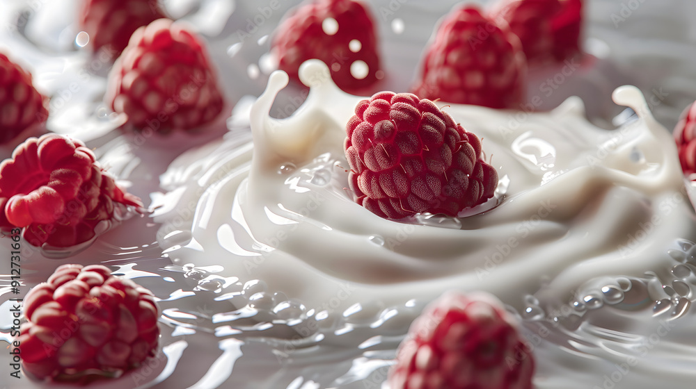 Aufkleber raspberries dropping into yogurt. creating ripples on the surface.