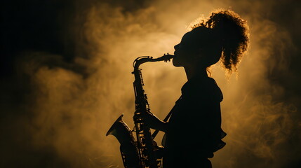 Obraz premium woman while Looking up, silhouette costume style of American folk, playing solo Musical instrument likes a saxophone , on a tone of dark background, on a stage