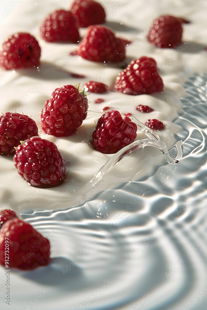 Aufkleber raspberries dropping into yogurt. creating ripples on the surface.
