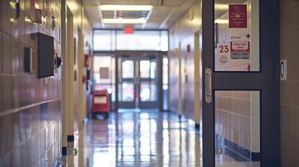 School corridor with shiny floor and classrooms doors.