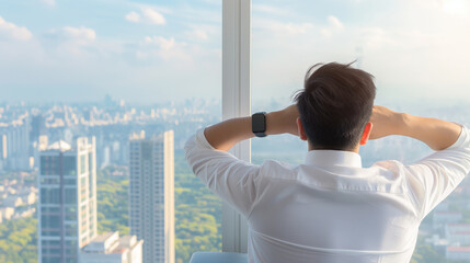 Life-work balance and city living lifestyle concept of business man relaxing, take it easy in office or hotel room resting with thoughtful mind thinking of life quality looking forward to cityscape