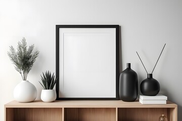 Stylish Frame Mockup with Vase on a Sleek Wooden Sideboard - Template For Artwork, Painting, Photo Or Poster