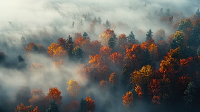 A drone flies over a vibrant autumn forest, showcasing trees in shades of orange, red, and yellow amidst a blanket of soft morning mist