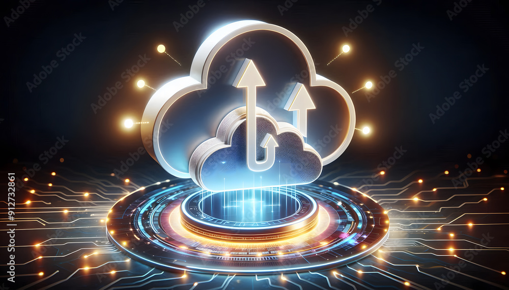 Poster a cloud icon with arrows pointing up and down, symbolizing data transfer rests on a glowing platform