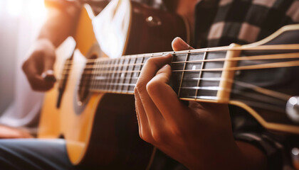 Fototapeta premium Close up of male hands playing an acoustic guitar, guitar country festival concept