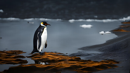 Obraz premium A penguin stands on a beach near the water