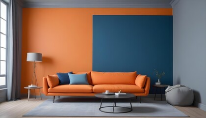 An orange sofa with blue and gray throw pillows in a room with an orange wall and a large blue wall