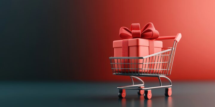 A vibrant shopping cart with a red gift box, perfect for showcasing holiday sales or special promotions.