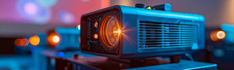 Close-up of a modern projector with a lens flare, set in a colorful, blurred background.