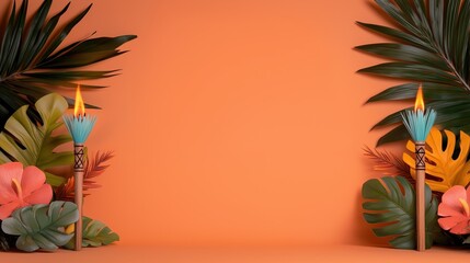 Tropical Background with Tiki Torches and Vibrant Foliage on Orange Backdrop - Perfect for Summer, Vacation, and Party Themes