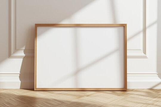 One frame on floor mockup blank poster. Wooden frame mock up empty print background. Wood picture frame in room. Gallery design realistic modern interior