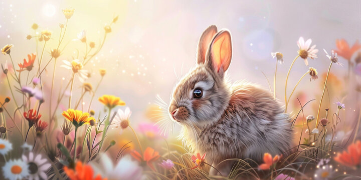 Easter bunny in flowers feild Easter celebration nature spring season background 