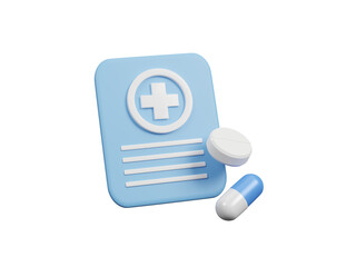 3D form or checklist of first aid drugs for health pharmaceutical. Cartoon minimal of first aid and health care isolated on transparent background. Medical symbol of emergency help. 3d rendering