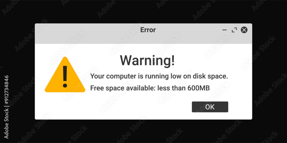 Poster Error window on computer interface. System warning message about disk and memory.