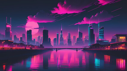 skyline view from a river, synthwave aesthetic