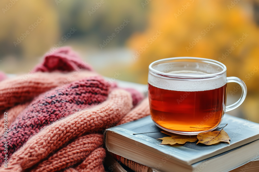 Sticker Autumn Chai Tea Cozy with Books and Knit Scarf  