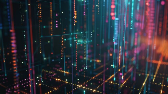A mesmerizing array of vertical neon lights in multiple colors, forming a complex digital grid that exudes a sense of futuristic hyperconnectivity. - Powered by Adobe