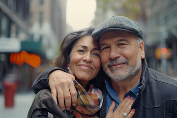 Portrait of couple on city baclground