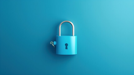 Fototapeta premium Blue padlock with silver shackle on a blue background, featuring a keyhole in the center.