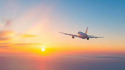 Fototapeta premium Modern Passenger airplane flight in sunset panorama 