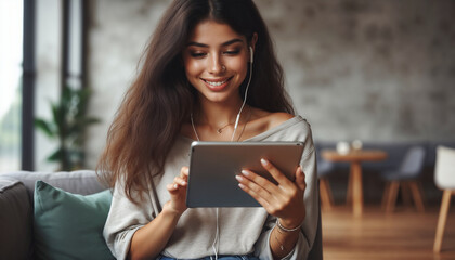 Fototapeta premium Beautiful Hispanic female student using tablet