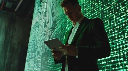 Man in a suit, holding a tablet and standing in front of a high-tech, green digital display wall, implying a sense of futuristic technology and information analysis.
