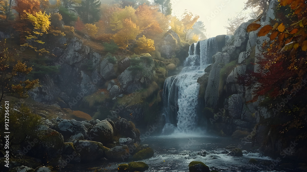 Poster scenic view of waterfall in a autumm forest surrounded by rocks and trees