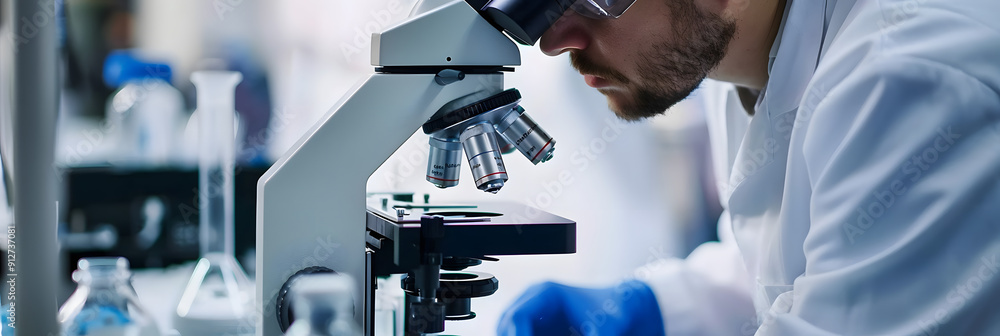 Poster scientist examining a sample through a microscope in a laboratory