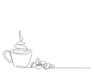 One continuous line drawing Cup of Coffee with coffee beans. A cup of coffee simple outline vector.
