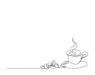 One continuous line drawing Cup of Coffee with coffee beans. A cup of coffee simple outline vector.