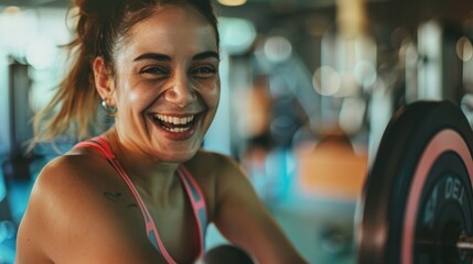 Fototapeta premium A cheerful woman in activewear enjoys her workout at the gym, her bright smile reflecting her enthusiasm.