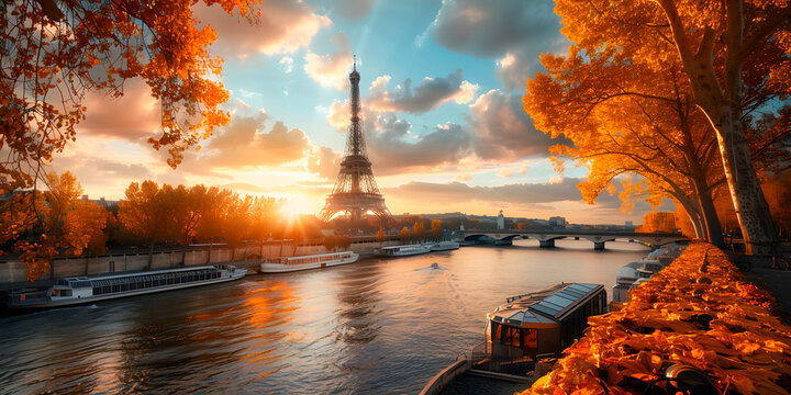 Paisaje del rio sena en paris francia al atardecer
